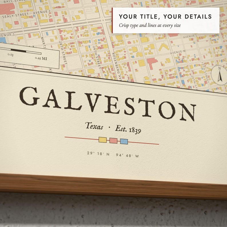 Close-up of the personalized title and details on the Vintage Fire Atlas Map print