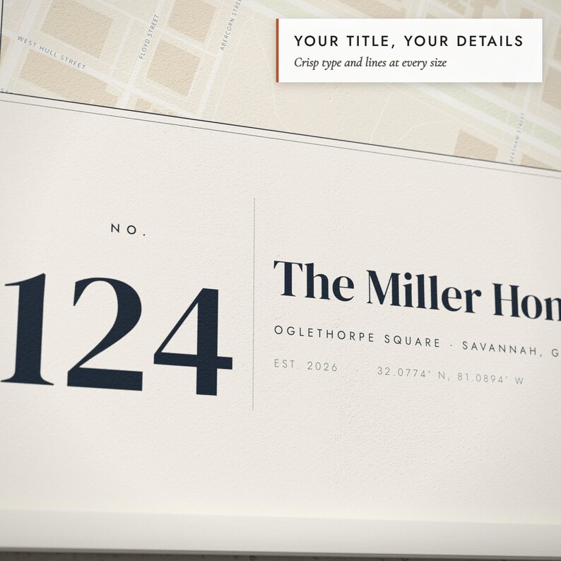 Close-up of the personalized title and details on the Our Home Map print
