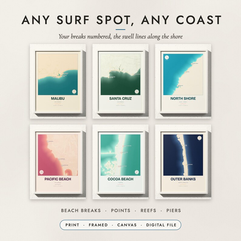 Surf Break Map examples for six surf coasts
