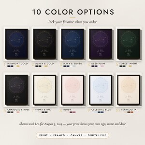 The Zodiac Constellation in all 10 color options, numbered 1 to 10 with their names