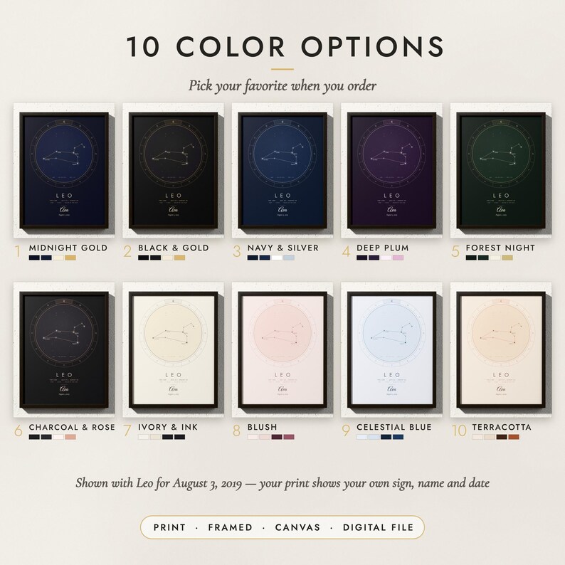 The Zodiac Constellation in all 10 color options, numbered 1 to 10 with their names