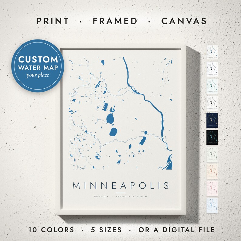 Water Lines Map print in a white frame on a white wall — print, framed, canvas or digital file, 10 colors, 5 sizes