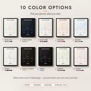 The Triathlon Map in all 10 color options, numbered 1 to 10 with their names