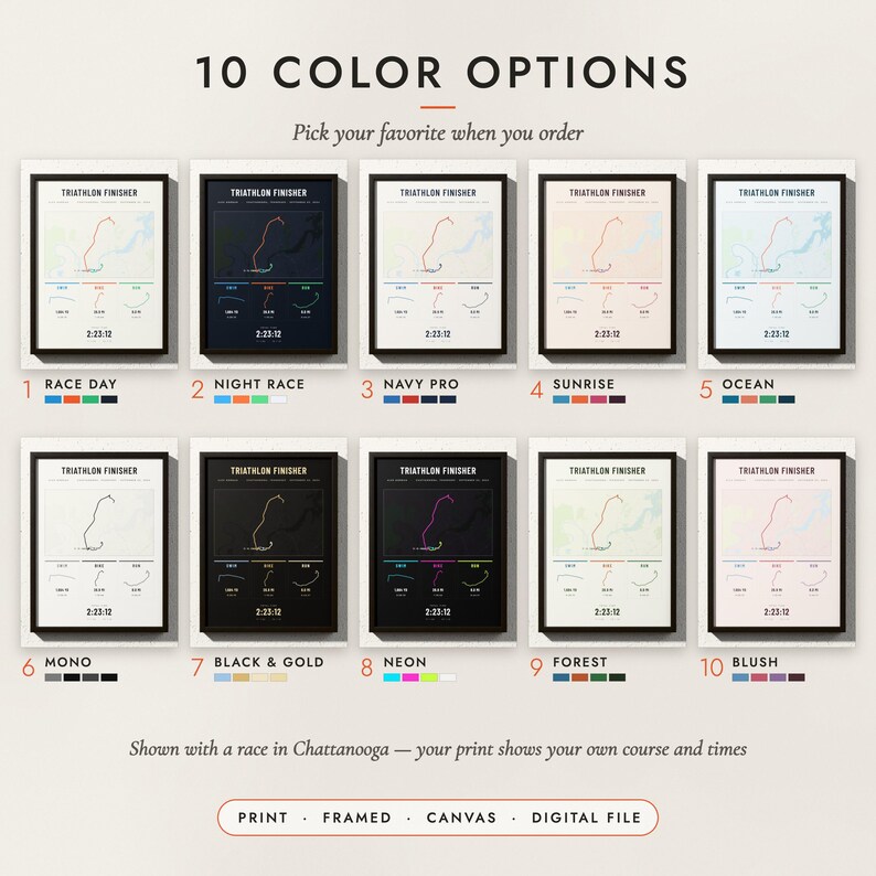 The Triathlon Map in all 10 color options, numbered 1 to 10 with their names