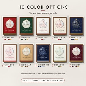The Christmas Hometown Map in all 10 color options, numbered 1 to 10 with their names