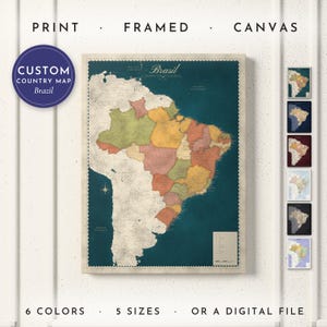 Brazil Map Print, Personalized Brazil Wall Art for Canvas or Poster, Detailed Map with Cities, Brazilian Gift, Framed, Canvas or Digital