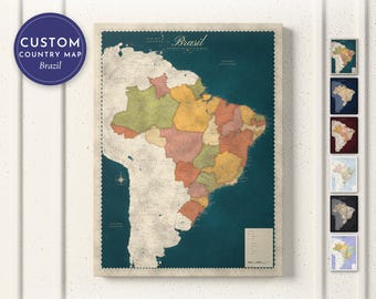 Brazil Map Print, Personalized Brazil Wall Art for Canvas or Poster, Detailed Map with Cities, Brazilian Gift, Framed, Canvas or Digital