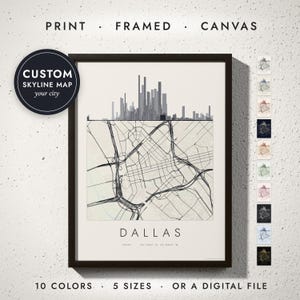Skyline & Street Map print in a black frame on a white wall — print, framed, canvas or digital file, 10 colors, 5 sizes