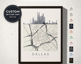 May include: A framed wall art print featuring a Dallas skyline silhouette above a detailed street map. The design includes the text DALLAS, TEXAS, and coordinates. A circular badge reads CUSTOM SKYLINE MAP your city, with 10 color options.