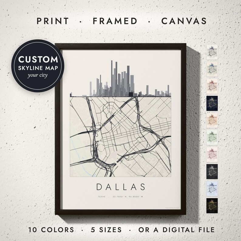 Skyline & Street Map print in a black frame on a white wall — print, framed, canvas or digital file, 10 colors, 5 sizes