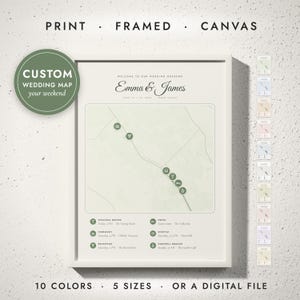Wedding Weekend Map print in a white frame on a white wall — print, framed, canvas or digital file, 10 colors, 5 sizes