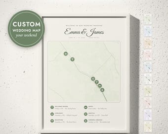 Wedding Weekend Map, Wedding Welcome Map with Ceremony, Reception and Hotel, Wedding Itinerary Sign, Welcome Bag Card, Framed or Canvas