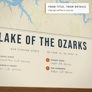 Close-up of the personalized title and details on the Fishing Lake Map print