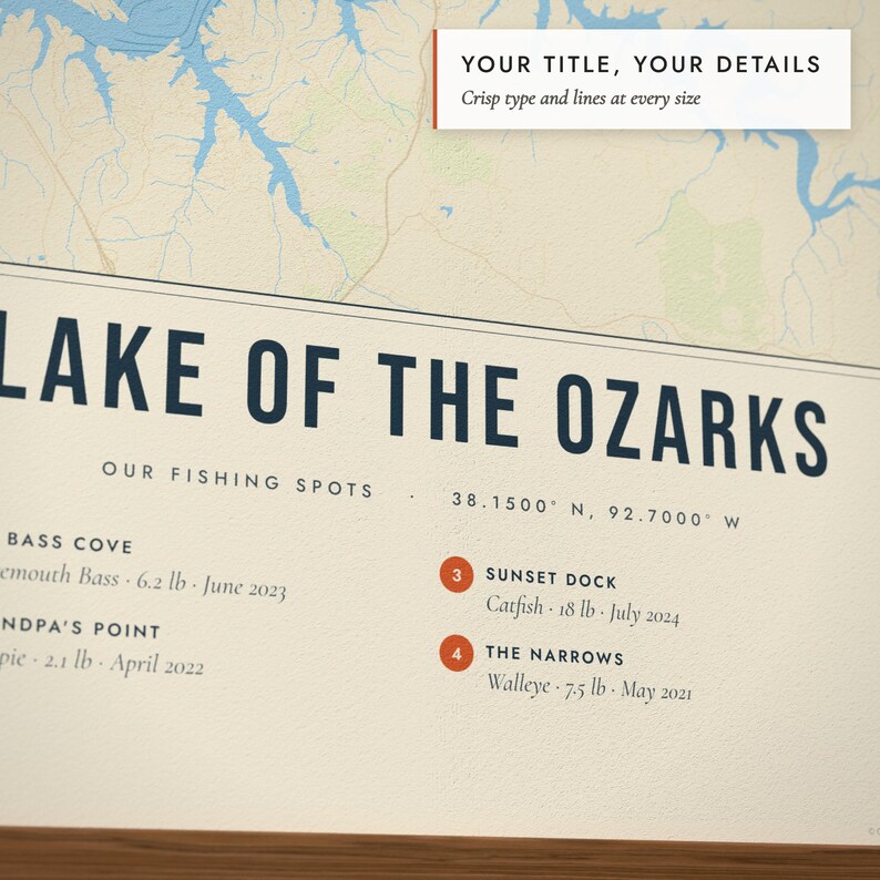 Close-up of the personalized title and details on the Fishing Lake Map print