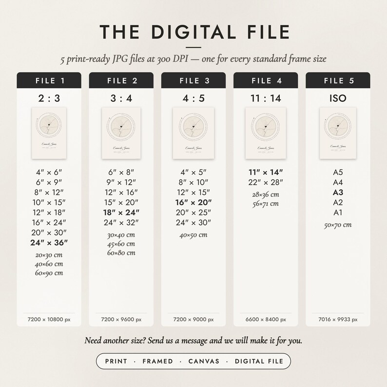 The Digital File option: five print-ready JPG files in 2:3, 3:4, 4:5, 11:14 and ISO ratios at 300 DPI