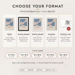 The formats to choose from: matte paper print, black frame, white frame, canvas and the digital file, with the five sizes