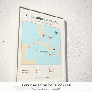 Three-quarter view of the framed Cruise Route Map poster on a white plaster wall