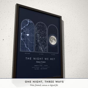 Three-quarter view of the framed Map, Stars & Moon Print poster on a white plaster wall