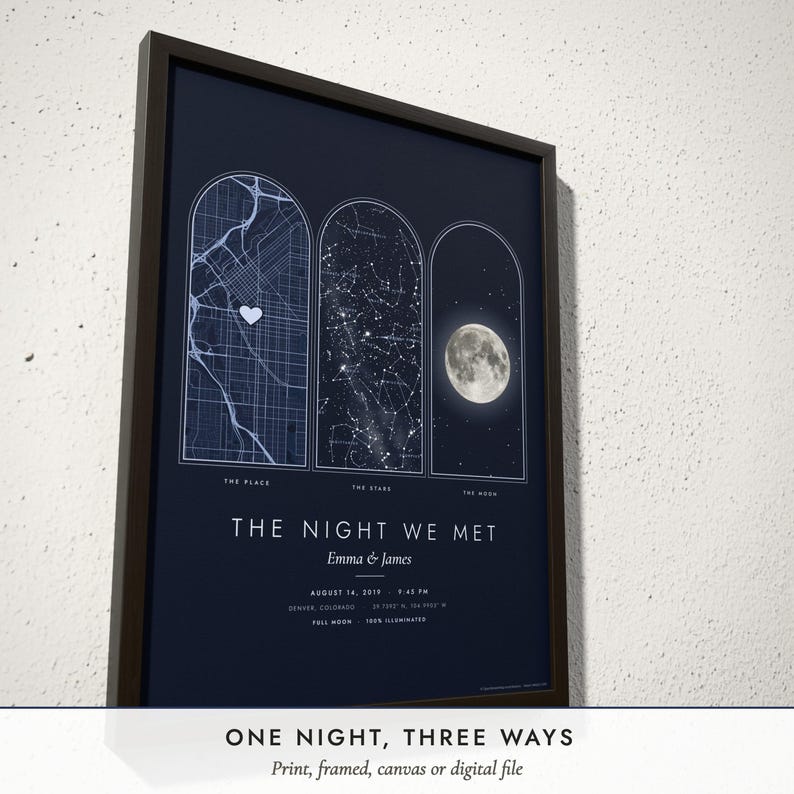 Three-quarter view of the framed Map, Stars & Moon Print poster on a white plaster wall