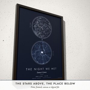 Three-quarter view of the framed Sky & City Map poster on a white plaster wall