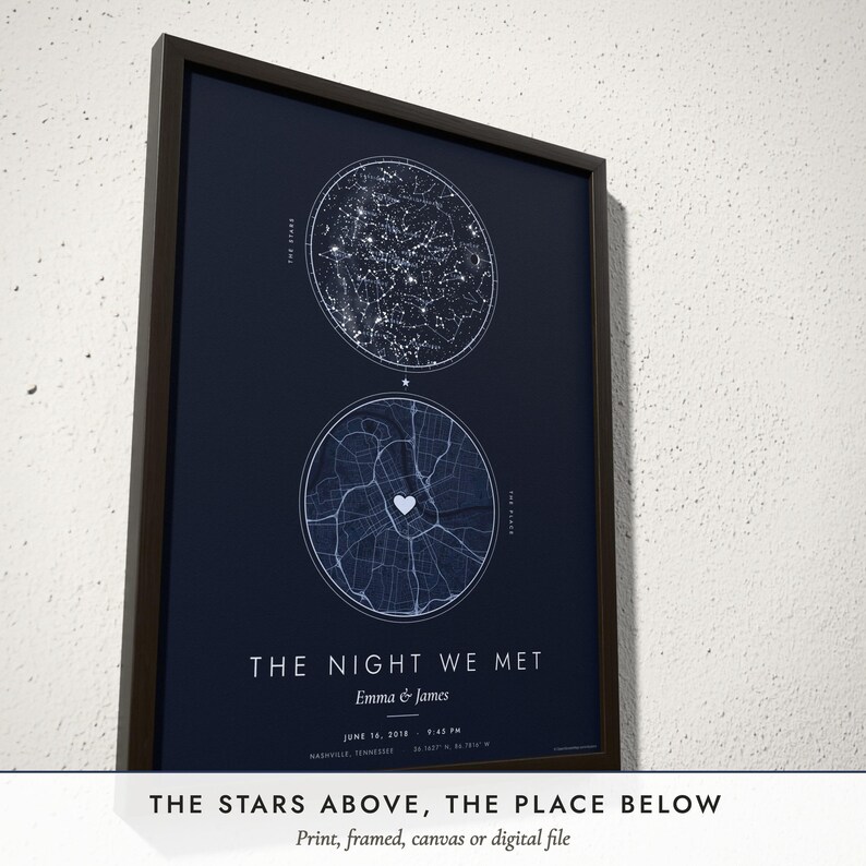 Three-quarter view of the framed Sky & City Map poster on a white plaster wall