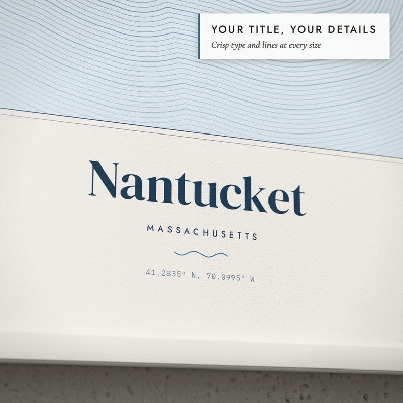 Close-up of the personalized title and details on the Coastal Contour Map print