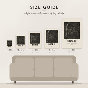 Size guide: 8×10, 12×16, 16×20, 18×24, 24×36 inch prints shown to scale above a sofa