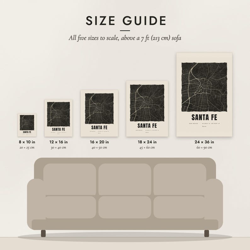 Size guide: 8×10, 12×16, 16×20, 18×24, 24×36 inch prints shown to scale above a sofa