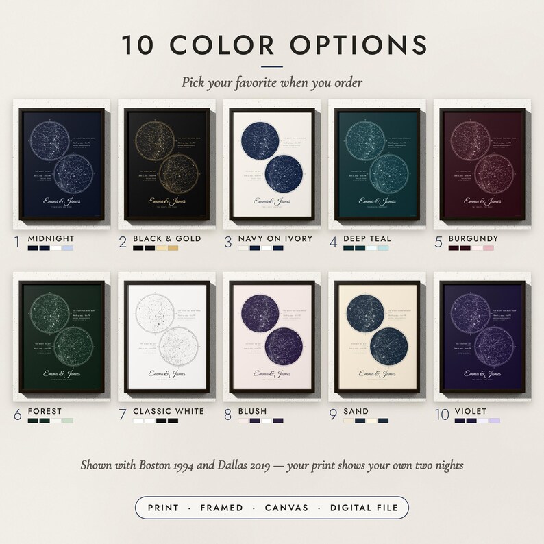 The Two Skies Star Map in all 10 color options, numbered 1 to 10 with their names