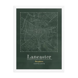 Real product photo: the Custom Chalkboard City Map Print in the white wood frame with a clear acrylic front