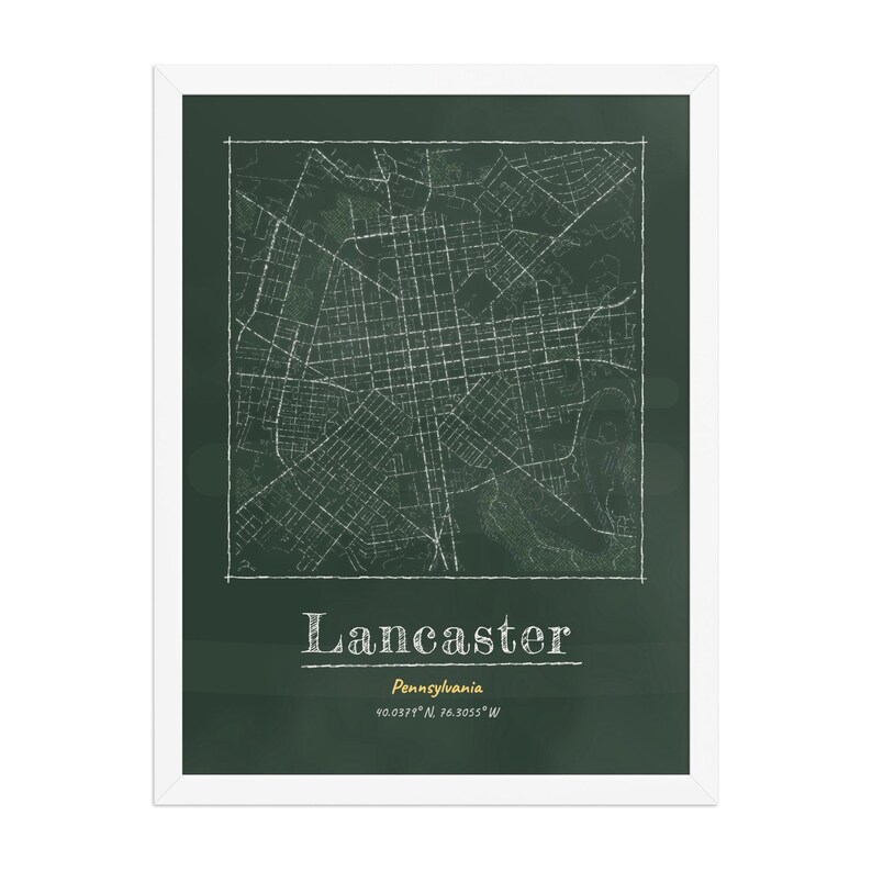 Real product photo: the Custom Chalkboard City Map Print in the white wood frame with a clear acrylic front