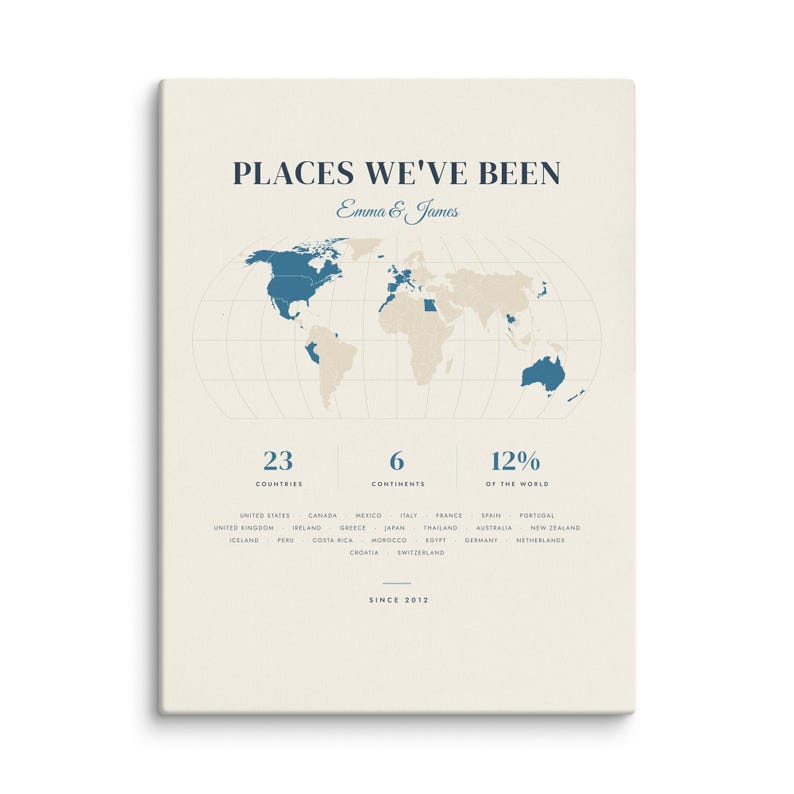 Real product photo: the Custom Places We've Been Map Print on 1.25 in (3.2 cm) deep canvas, seen from the side