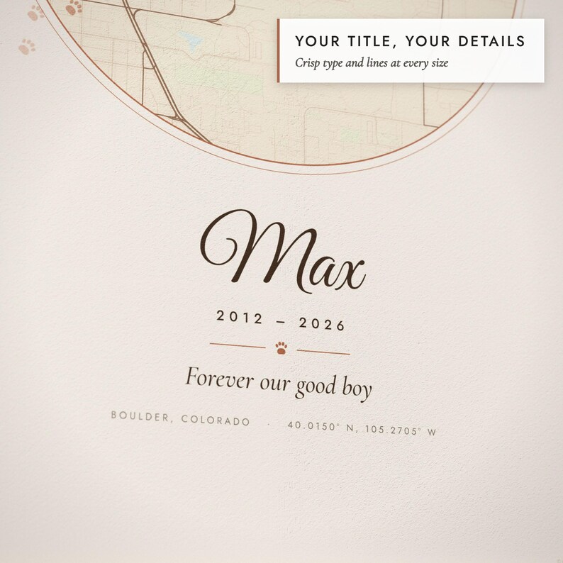Close-up of the personalized title and details on the Pet Memorial Map print