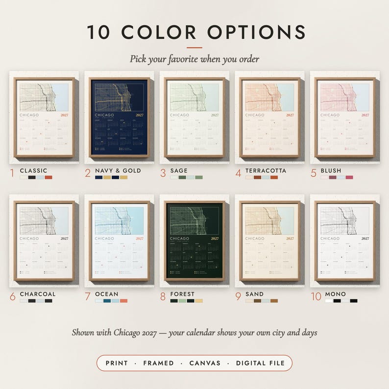 The Map Calendar 2027 in all 10 color options, numbered 1 to 10 with their names