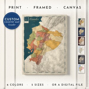 Ecuador Map Print, Personalized Ecuador Wall Art for Canvas or Poster, Detailed Map with Cities, Ecuadorian Gift, Framed, Canvas or Digital