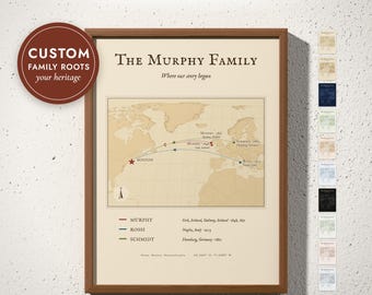 Custom Family Roots Map Print, Ancestry Heritage Map, Immigration Journey Gift, Family History Art, Genealogy Gift, Framed or Canvas Print