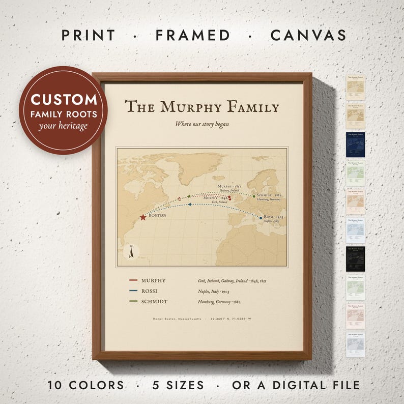 Family Roots Map print in a walnut frame on a white wall — print, framed, canvas or digital file, 10 colors, 5 sizes