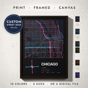 Street Orientation Map print in a black frame on a white wall — print, framed, canvas or digital file, 10 colors, 5 sizes