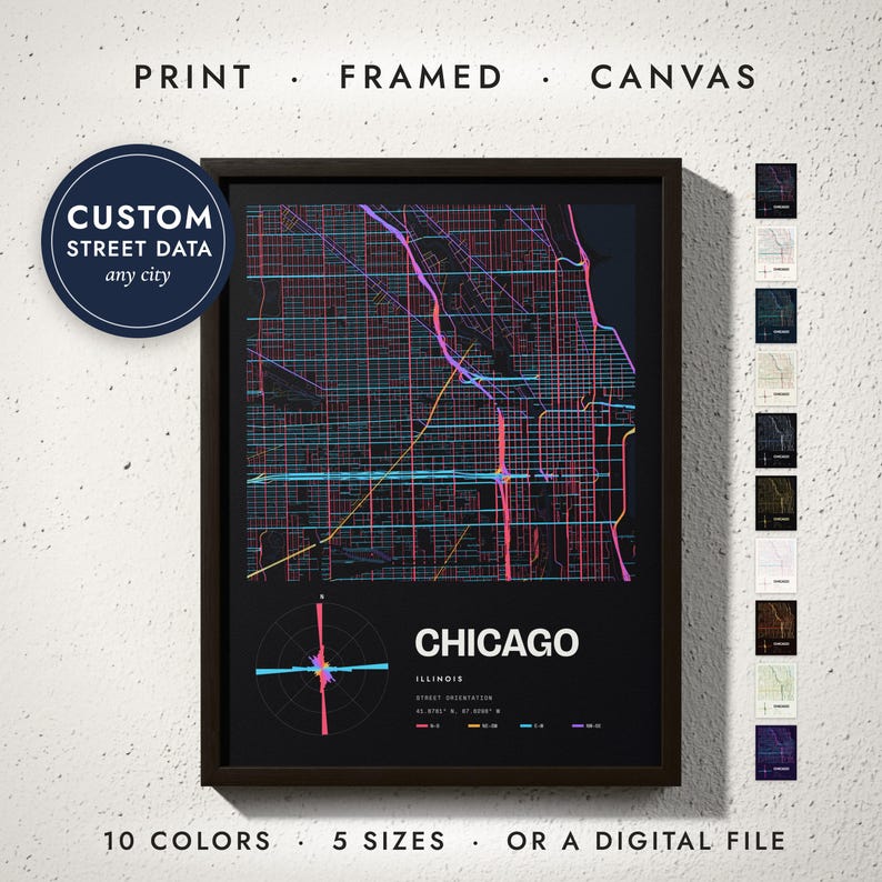 Street Orientation Map print in a black frame on a white wall — print, framed, canvas or digital file, 10 colors, 5 sizes