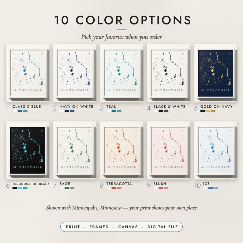 The Water Lines Map in all 10 color options, numbered 1 to 10 with their names