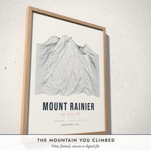 Three-quarter view of the framed Mountain Summit Print poster on a white plaster wall