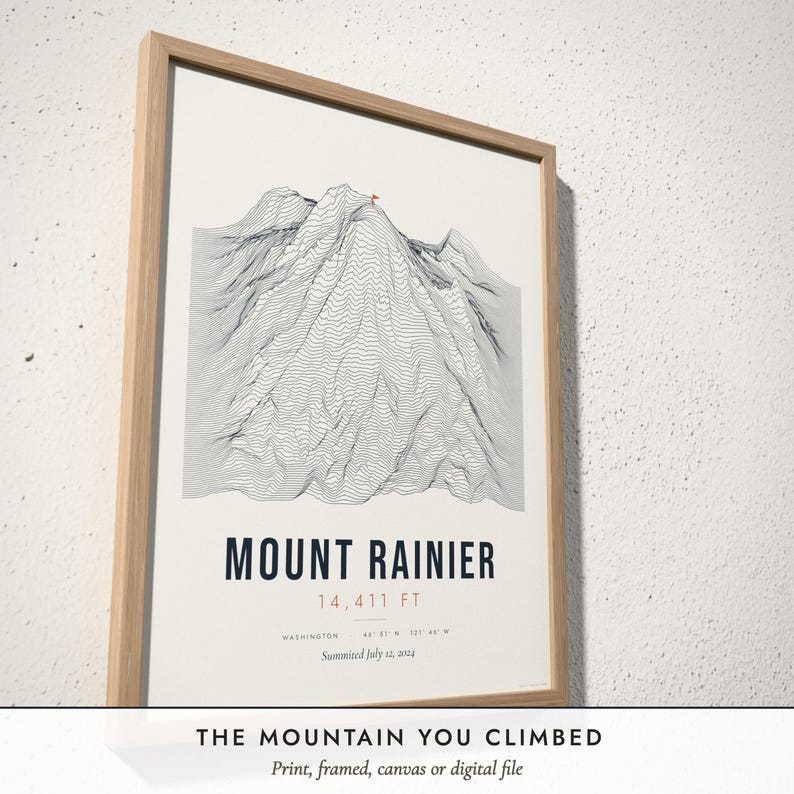 Three-quarter view of the framed Mountain Summit Print poster on a white plaster wall