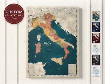 Italy Map Print, Personalized Italy Wall Art for Canvas or Poster, Detailed Map with Cities, Italian Gift, Framed, Canvas or Digital