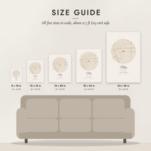 Size guide: 8×10, 12×16, 16×20, 18×24, 24×36 inch prints shown to scale above a sofa