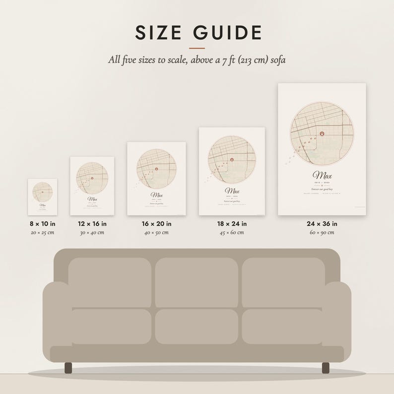 Size guide: 8×10, 12×16, 16×20, 18×24, 24×36 inch prints shown to scale above a sofa