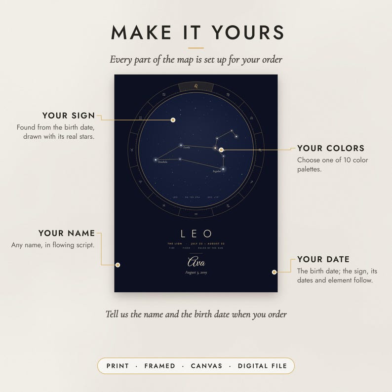 Diagram of what you can personalize: location, colors, title and details