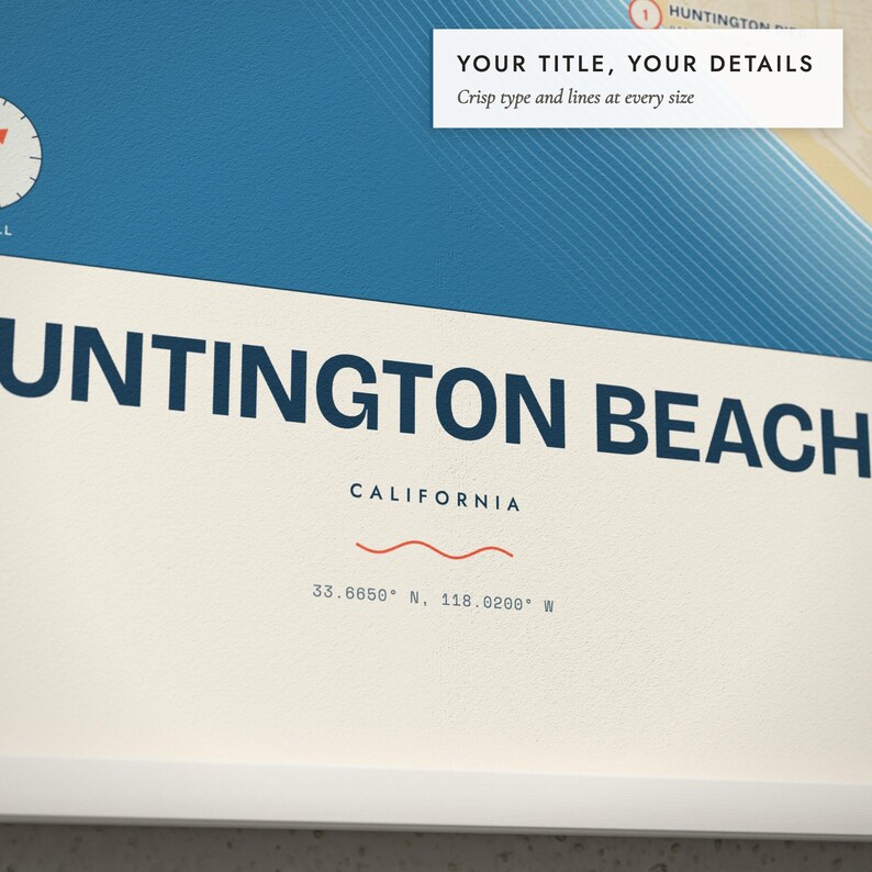 Close-up of the personalized title and details on the Surf Break Map print