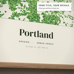 Close-up of the personalized title and details on the Urban Forest Map print