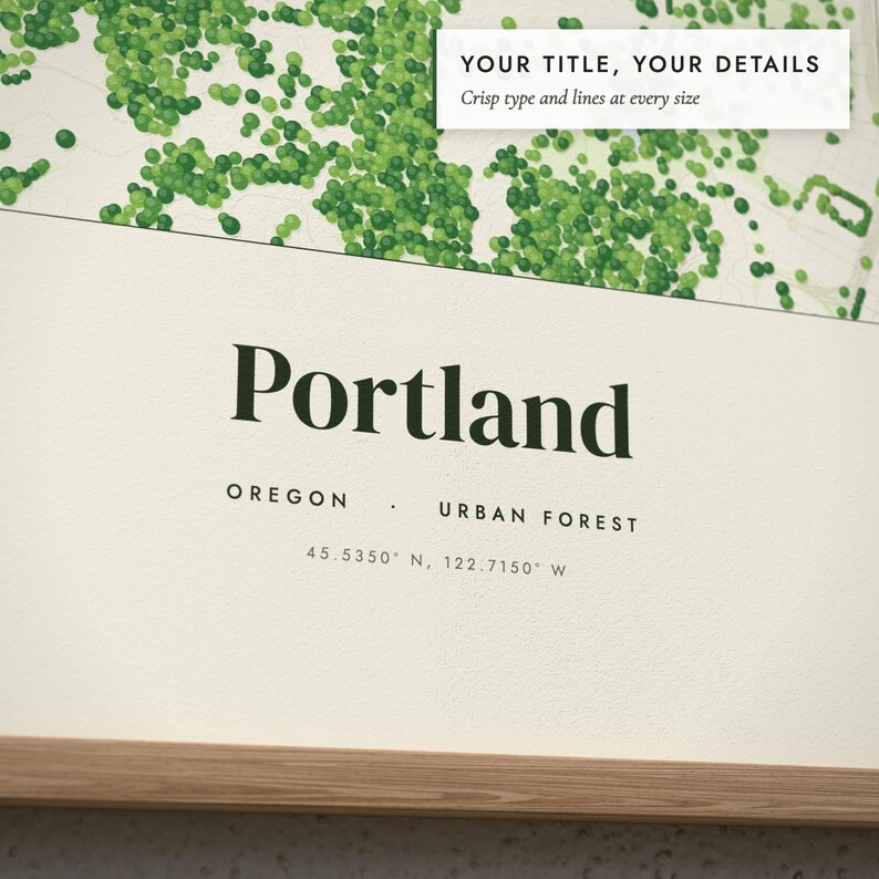 Close-up of the personalized title and details on the Urban Forest Map print