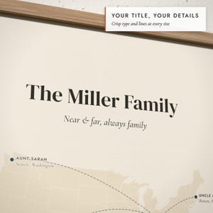 Close-up of the personalized title and details on the Family Near & Far Map print